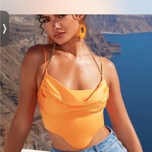 Oh Polly Vibrant Orange satin with chain Top